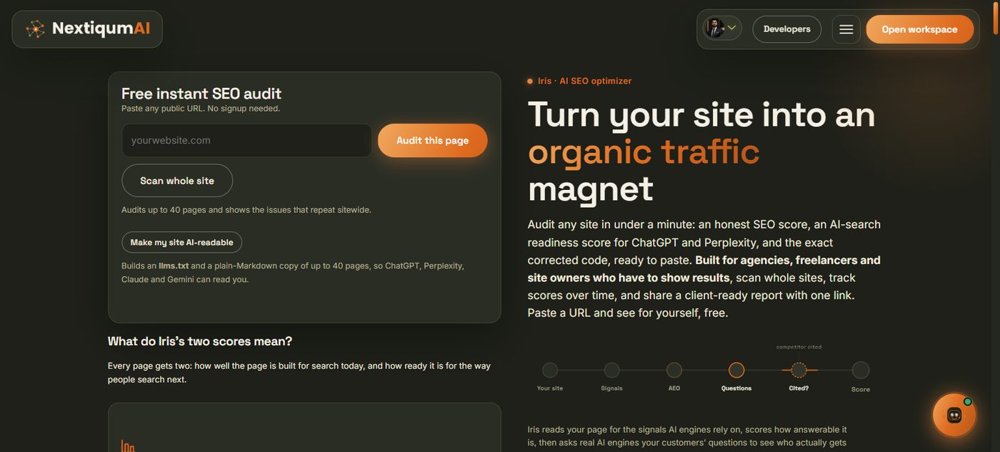 The Iris page with the free audit box: paste a URL, Audit this page, Scan whole site, Make my site AI-readable