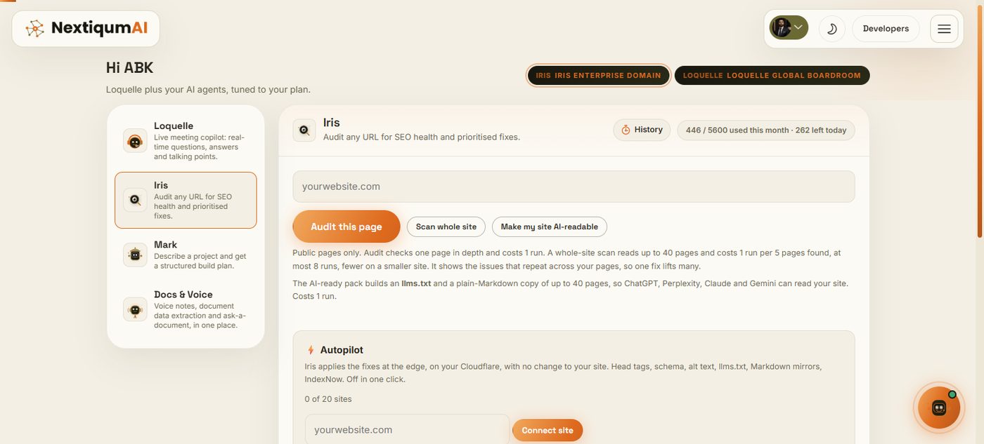 The Iris workspace with the Autopilot panel: connect a site, 0 of 20 sites